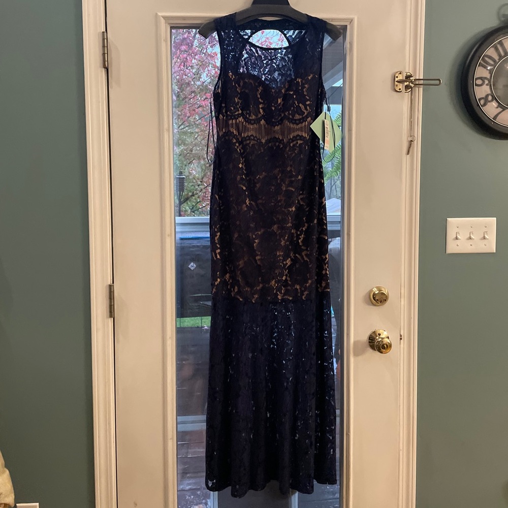 Navy blue lace evening dress by Nightway